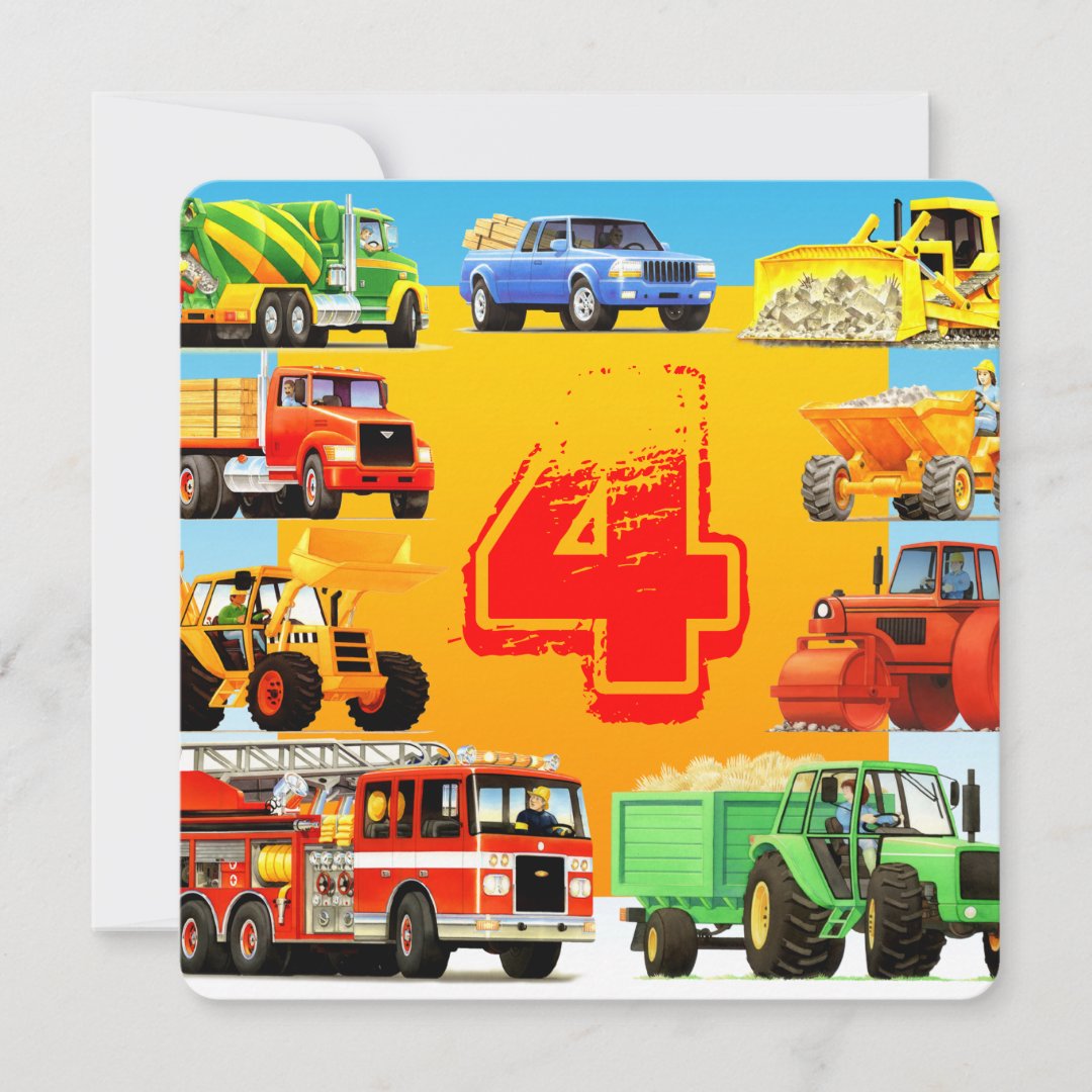 Construction Trucks Kid's 4th Birthday Party Invitation | Zazzle