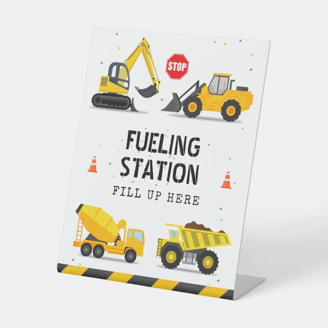 Construction Trucks Kids Birthday Fueling Station Pedestal Sign (Front)