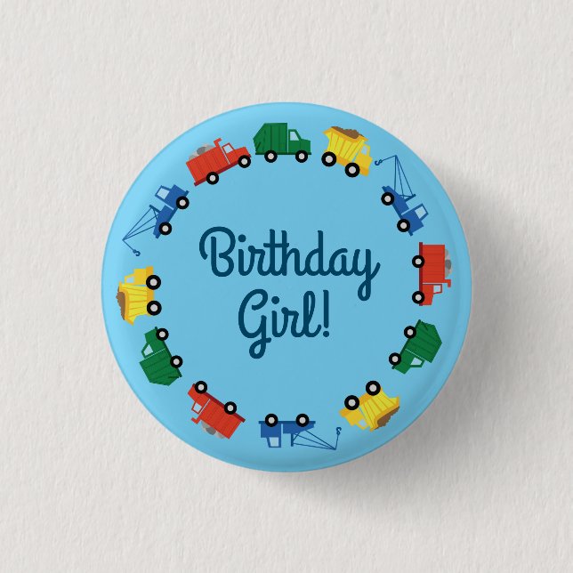 Construction Trucks Kids Birthday Party Button (Front)