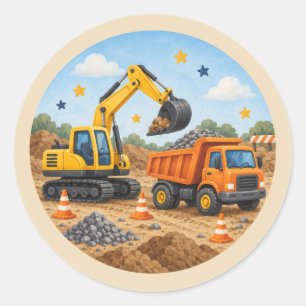 Construction Trucks Kids Birthday Party Favor Classic Round Sticker