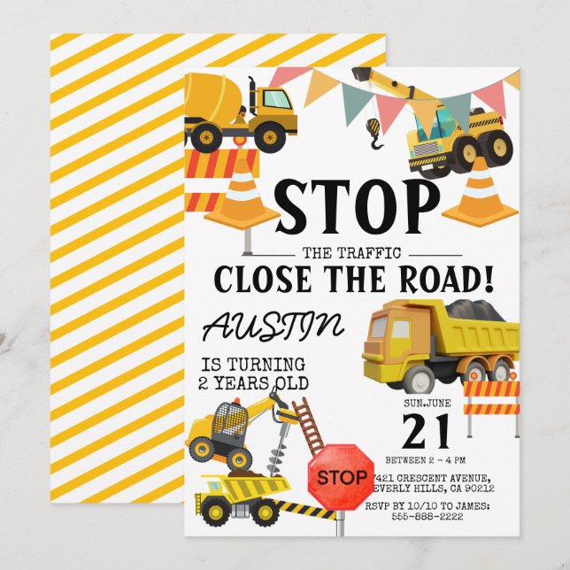 Construction Trucks |  Kids Birthday Party   Invitation (Front/Back)