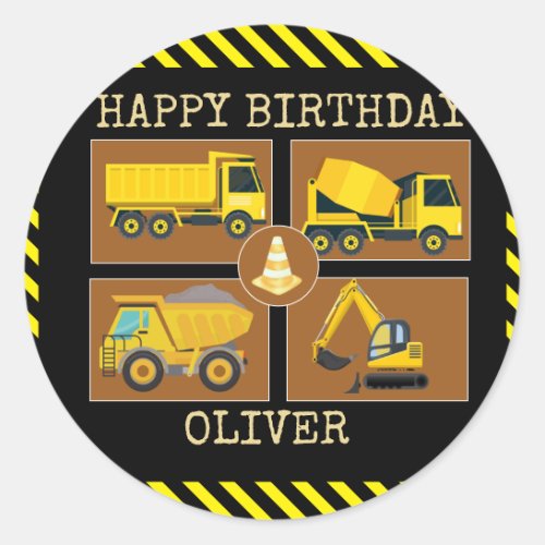 Construction Trucks  Kids Birthday Party Square S Classic Round Sticker