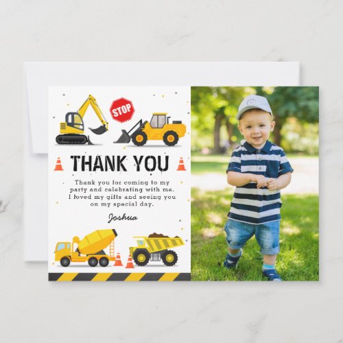 Construction Trucks Kids Birthday Photo Thank You Card