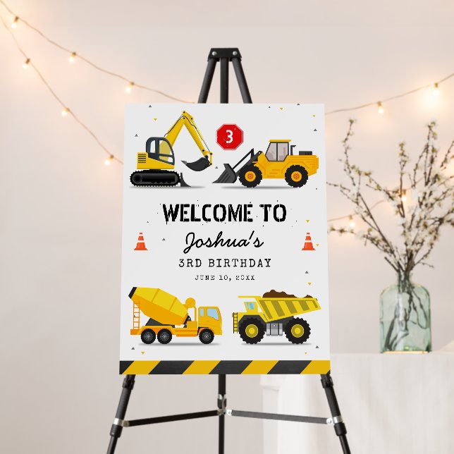 Construction Trucks Kids Birthday Welcome Sign (In Situ (Stand))