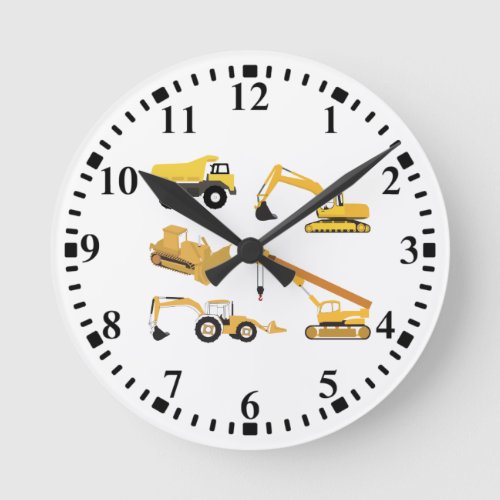 Construction Trucks Kids Round Clock
