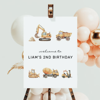 Construction Trucks Modern Birthday Welcome Sign