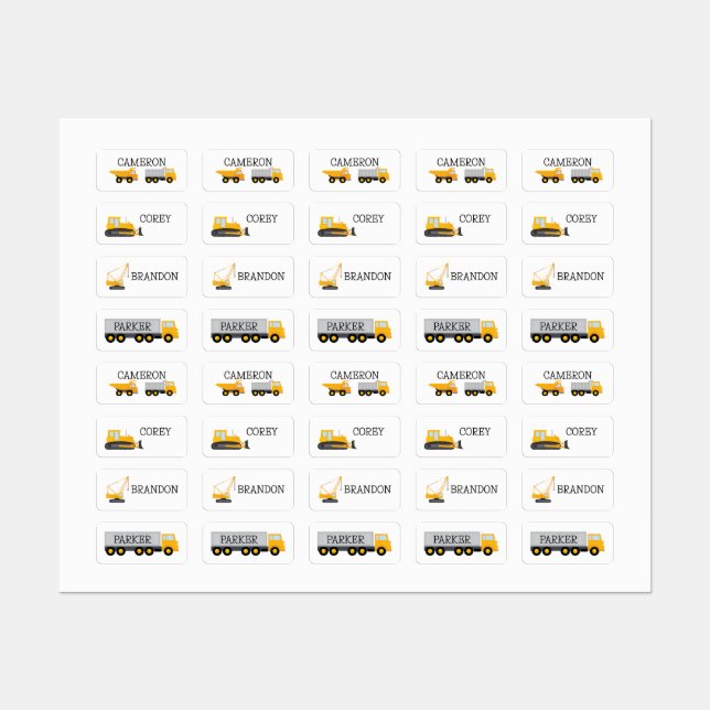 Construction Trucks name labels for clothing (Sheet)