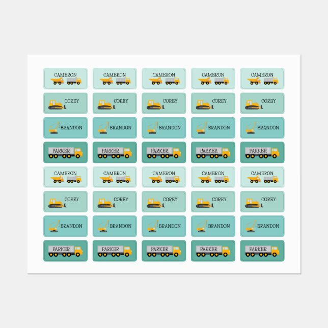 Construction Trucks name labels for clothing (Sheet)