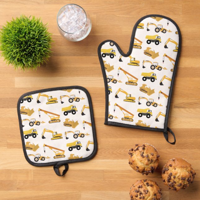 Construction Trucks Oven Mitt & Pot Holder Set (Top Down)