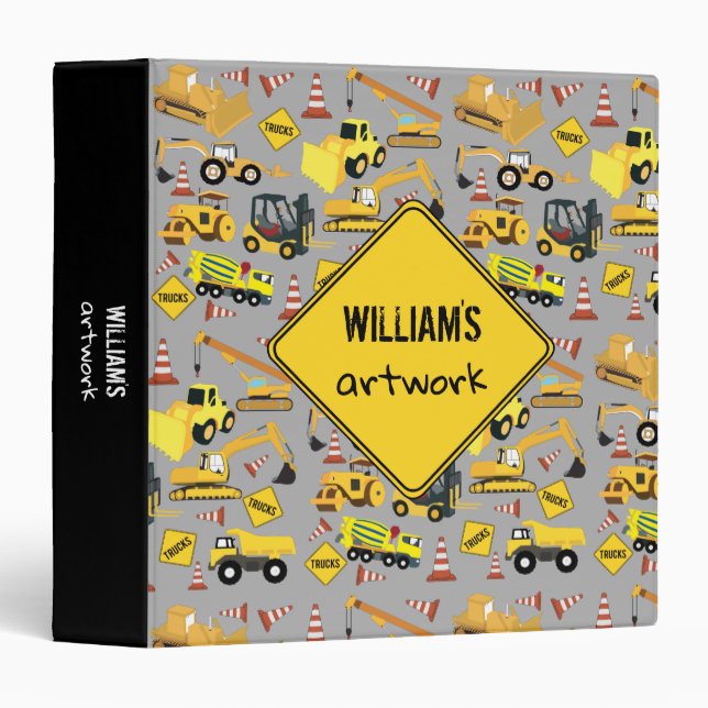 Construction Trucks Pattern Artwork Artist Keepsak 3 Ring Binder (Front/Spine)