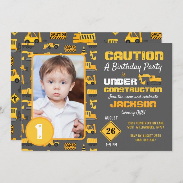 Construction Trucks Pattern Birthday Photo Gray Invitation (Front/Back)