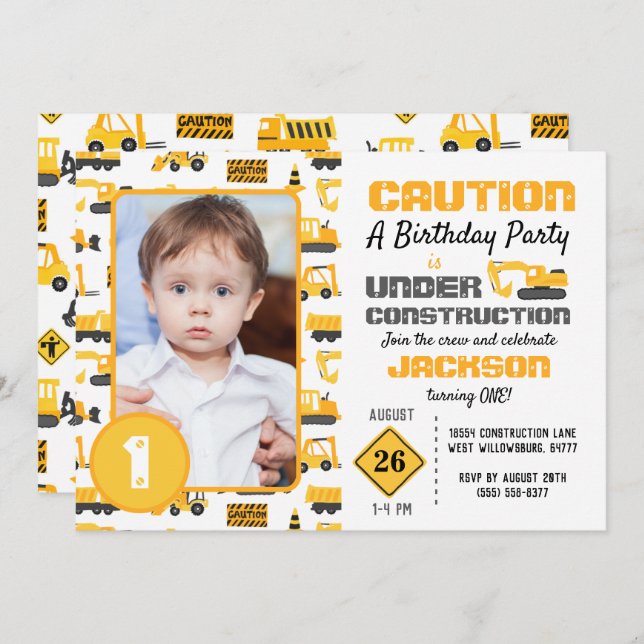 Construction Trucks Pattern Birthday Photo Invitation (Front/Back)