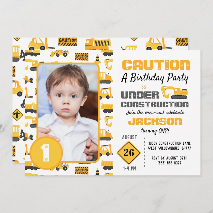 Construction Trucks Pattern Birthday Photo Invitation | Zazzle