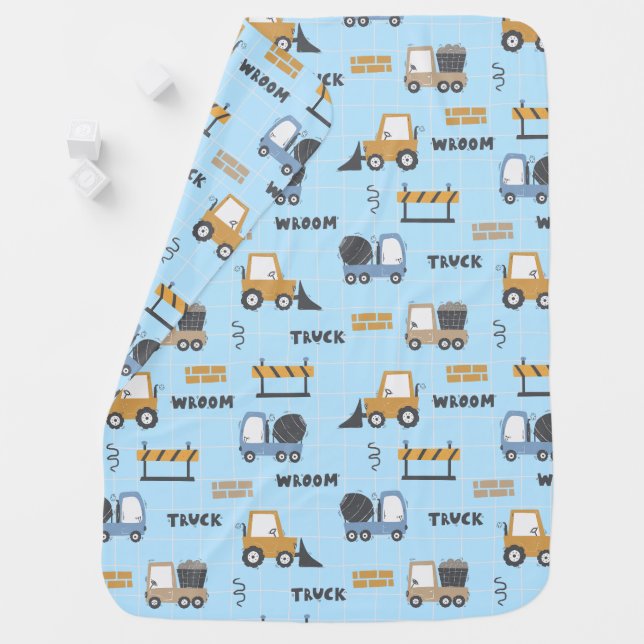 Construction Trucks Pattern Blue Baby Blanket (In Situ)