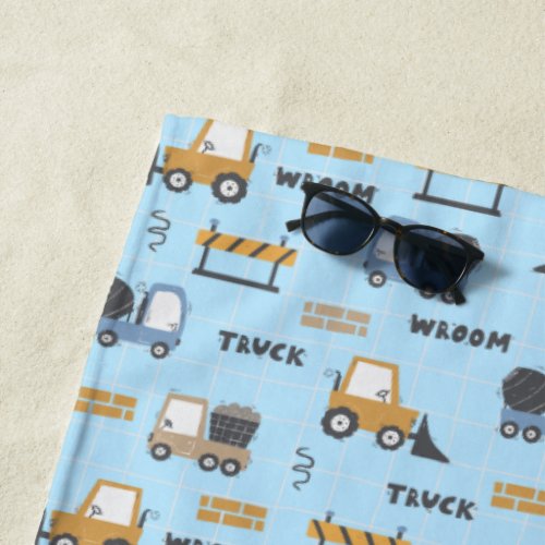 Construction Trucks Pattern Blue Beach Towel