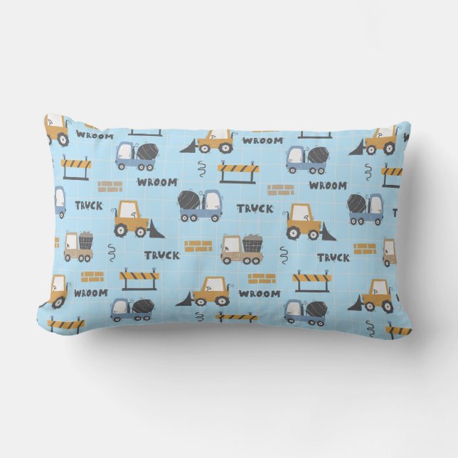 Construction Trucks Pattern Blue Lumbar Pillow (Front)