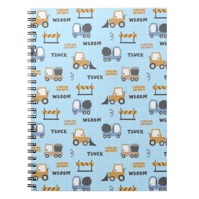 Construction Trucks Pattern Blue Notebook (Front)