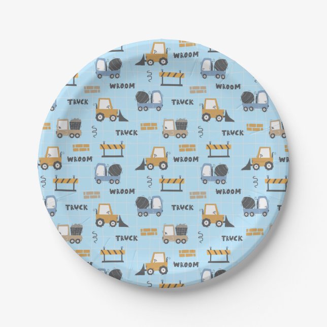 Construction Trucks Pattern Blue Paper Plates (Front)