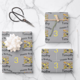 Construction Trucks Pattern Boy's Name & Age  Wrapping Paper Sheets