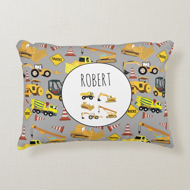 Construction Trucks Pattern Customized Name Accent Pillow (Front)