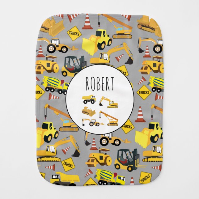 Construction Trucks Pattern Customized Name Baby Burp Cloth (Front)