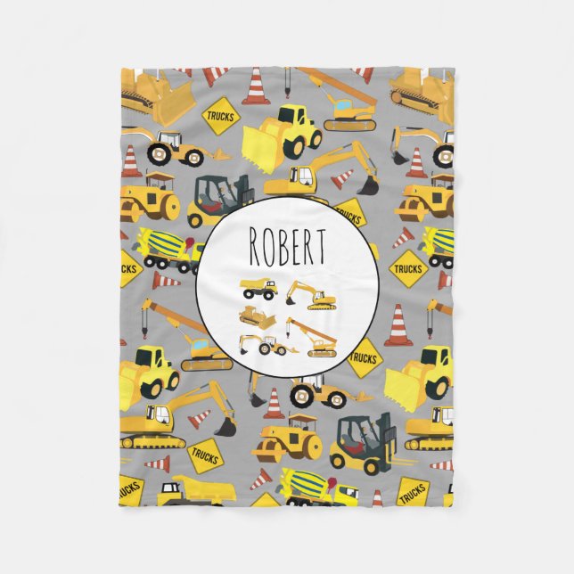 Construction Trucks Pattern Customized Name Fleece Blanket (Front)