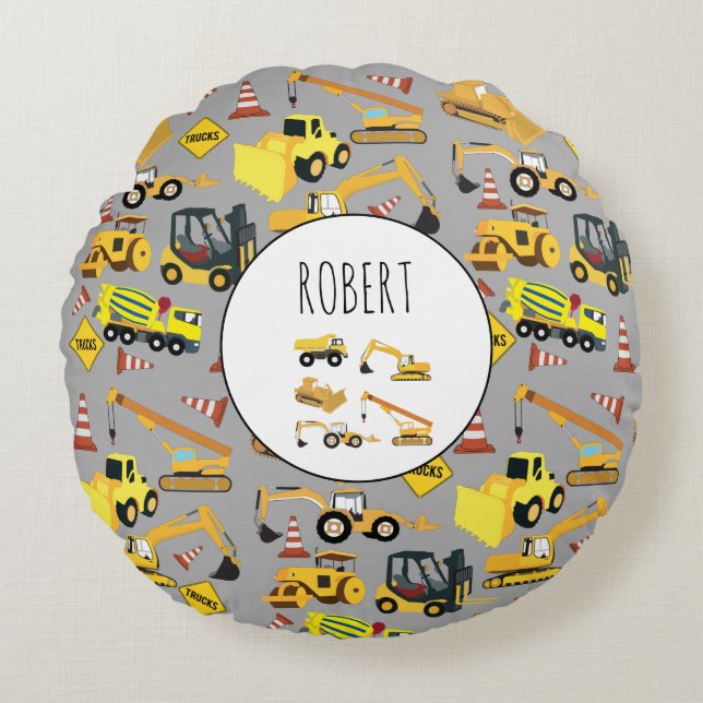 Construction Trucks Pattern Customized Name Round Pillow (Front)