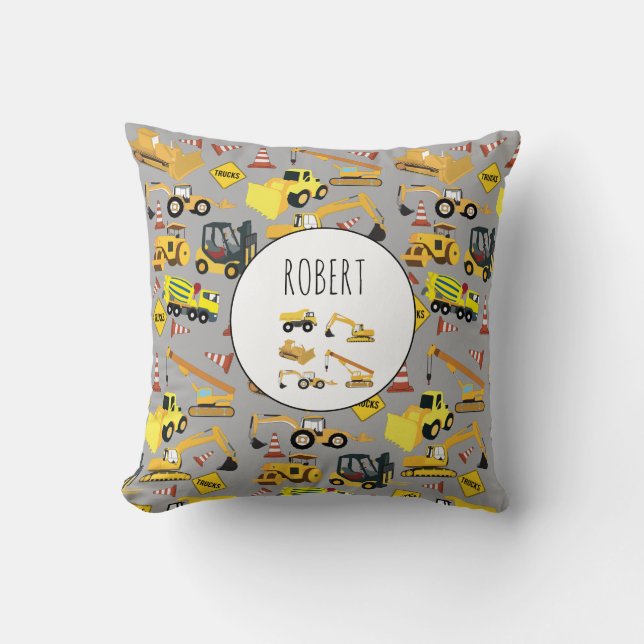 Construction Trucks Pattern Customized Name Throw Pillow (Front)
