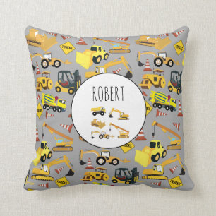 Construction Trucks Pattern Customized Name Throw Pillow