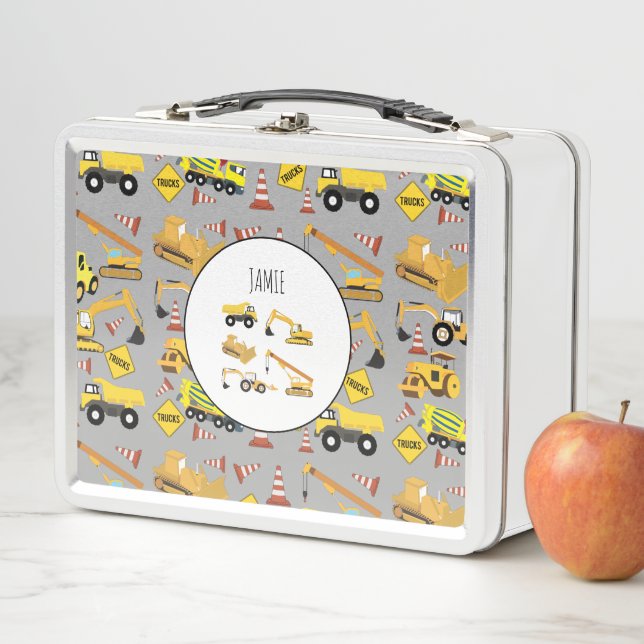 Construction Trucks Pattern Kids Personalized Metal Lunch Box (In Situ)