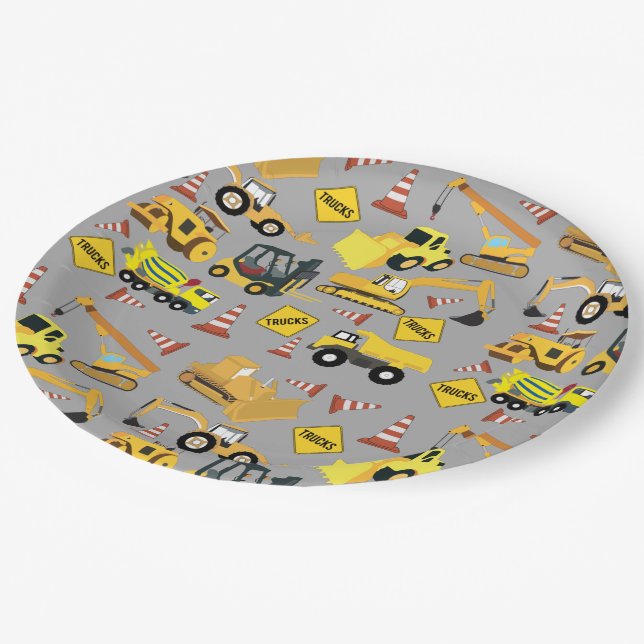 Construction Trucks Pattern Paper Plates (Angled)