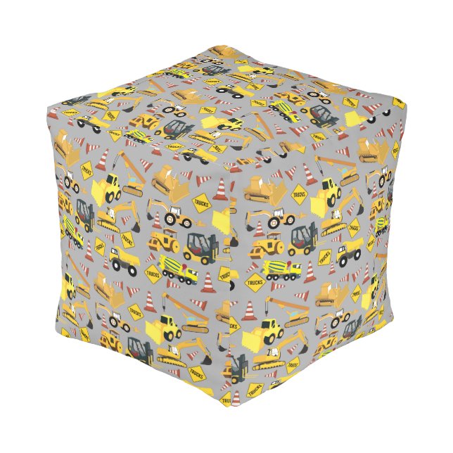 Construction Trucks Pattern Pouf (Angled Front)