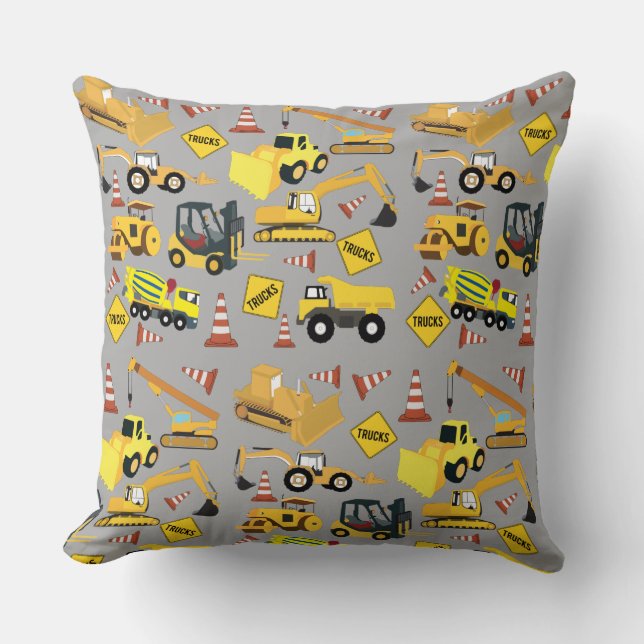 Construction Trucks Pattern Throw Pillow (Front)