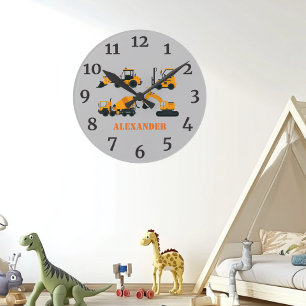 Construction Trucks Personalized Kids Room Clock