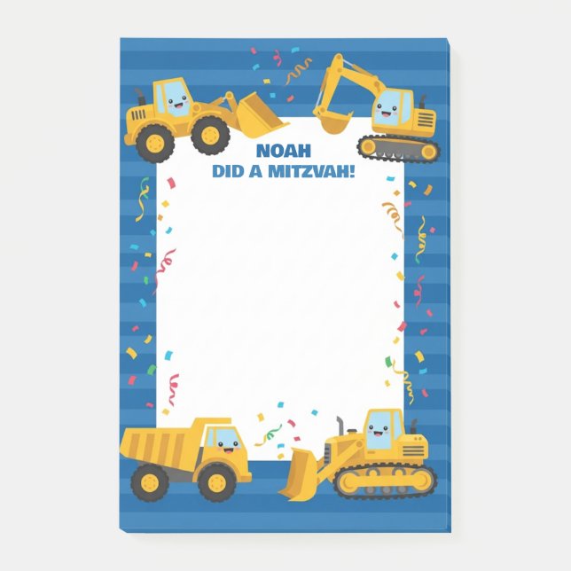 Construction Trucks Personalized Mitzvah  Post-it Notes (Front)
