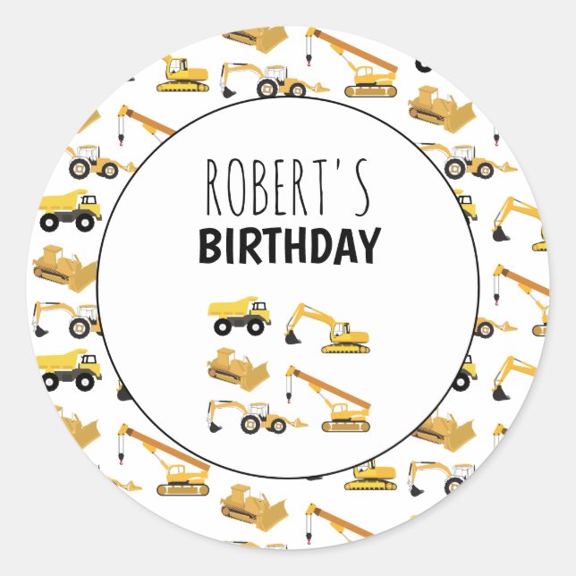 Construction Trucks Personalized Name Boys Classic Round Sticker (Front)