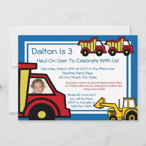 Construction Trucks/ Photo Custom Invitations