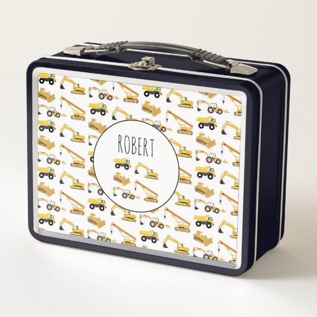 Construction Trucks School Custom Name Metal Lunch Box (Front)