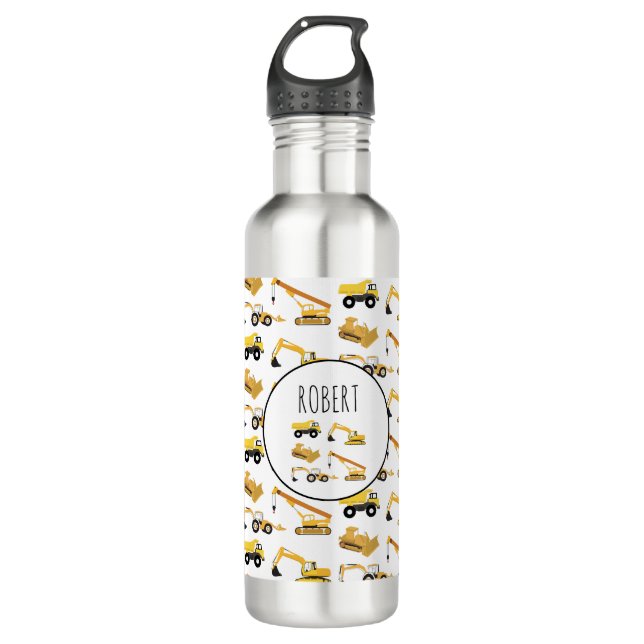 Construction Trucks School Custom Name  Stainless Steel Water Bottle (Front)