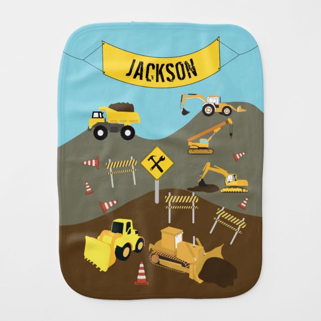 Construction Trucks Site Theme Baby Burp Cloth (Front)