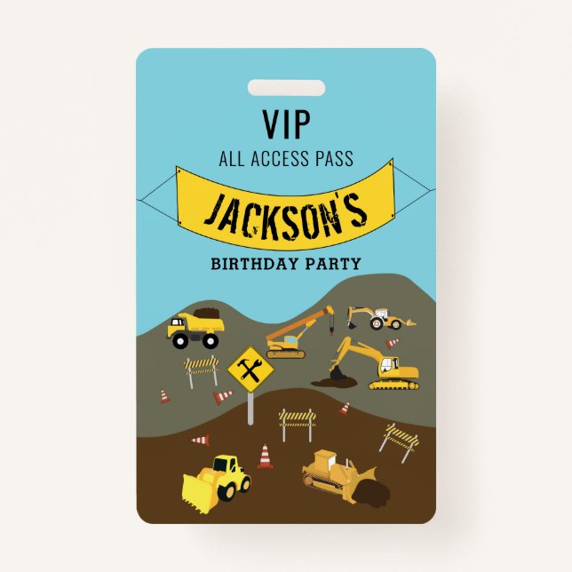 Construction Trucks Site Theme Birthday Party Badge (Front)