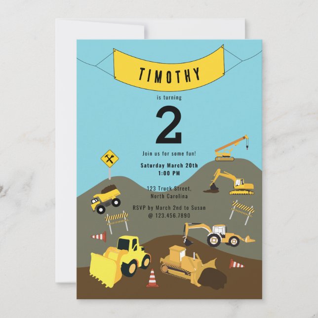 Construction Trucks Site Theme Birthday Party   Invitation (Front)