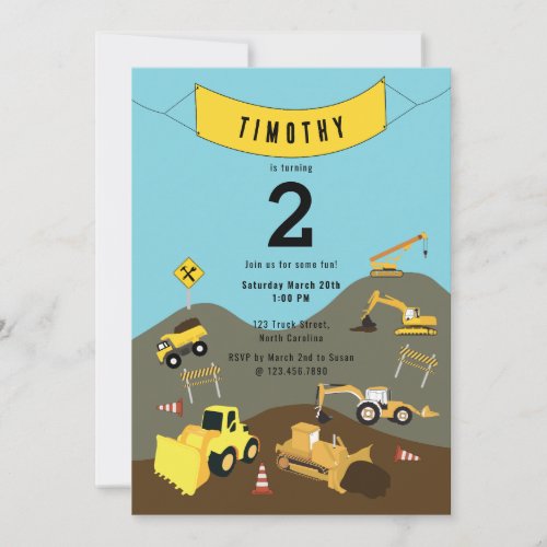 Construction Trucks Site Theme Birthday Party   Invitation