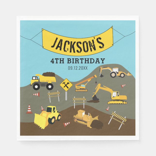 Construction Trucks Site Theme Birthday Party  Napkins (Front)