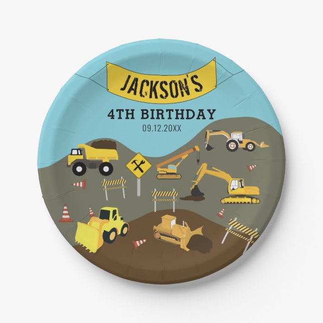 Construction Trucks Site Theme Birthday Party   Paper Plates (Front)