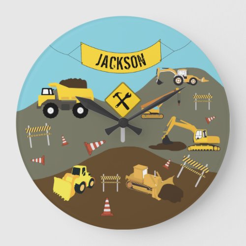 Construction Trucks Site Theme Large Clock