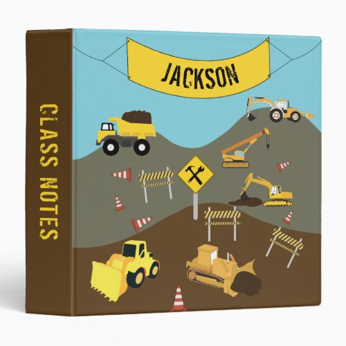 Construction Trucks Site Theme School Personalized 3 Ring Binder