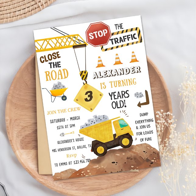 Construction Trucks Theme 3rd Birthday Party Invitation (Creator Uploaded)