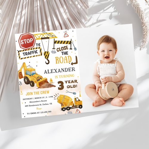 Construction Trucks Theme 3rd Birthday Party Photo Invitation