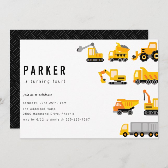 Construction Trucks Theme Birthday Invitation (Front/Back)